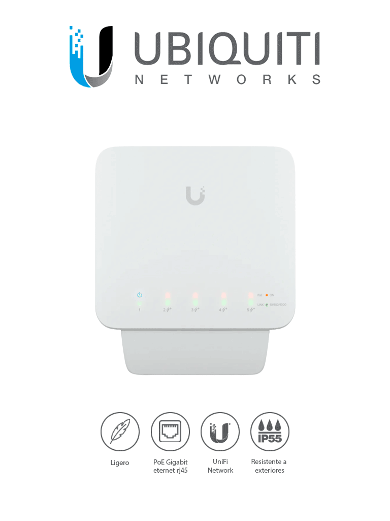 [171089] UBIQUITI USW-FLEX Switch UniFi para exterior IP55 de 5 puertos 10/100/1000 (1 Puerto PoE de entrada 802.3af/at/bt y 4 puertos PoE salida 802.3af / No incluye Inyector PoE/ Compatible con Inyector PoE-50-60W & UTP7201GE-PSE60  