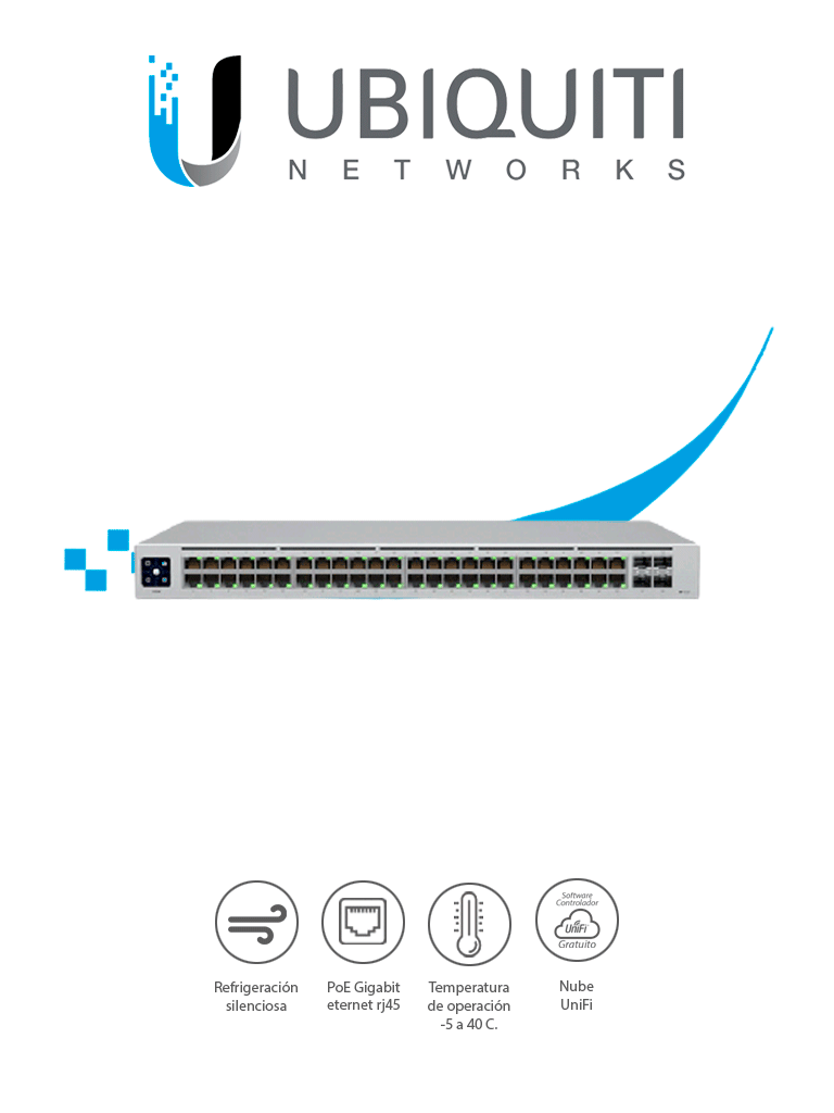 [188543] UBIQUITI USW-48-POE UniFi Switch, Capa 2 de 48 puertos (32 puertos PoE 802.3af/at + 16 puertos Gigabit) + 4 puertos 1G SFP, 195W, pantalla informativa