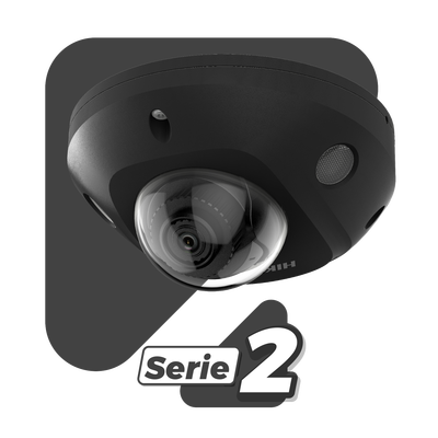 [204652] Mini Domo IP 4 Megapixel / Color Negro / Lente 2.8 mm / Micrófono Integrado / 30 mts IR EXIR / Exterior IP67 / IK08 /  WDR 120 dB / PoE / Videoanaliticos (Filtro de Falsas Alarmas) / Entrada y Salida de Audio y Alarm