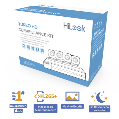 [208341] KIT TurboHD 1080p / DVR 4 canales / 4 Cámaras Bala de Metal / H.265+ / 1 Fuente de Poder Profesional / Accesorios de Instalación