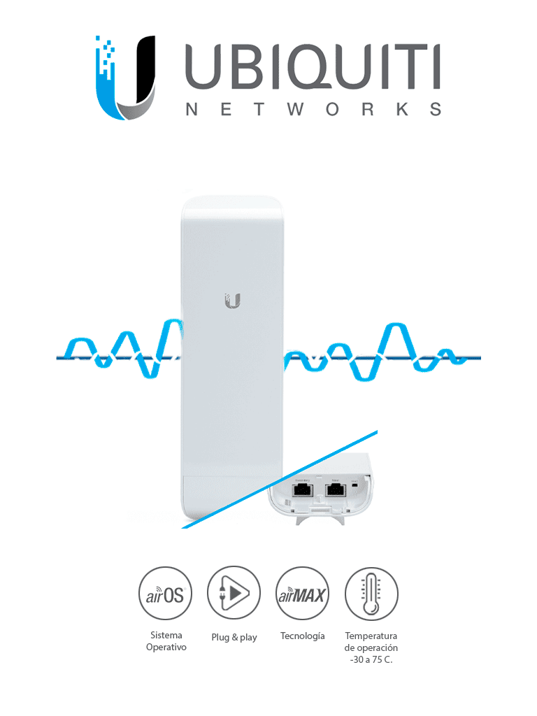 [UBI016004] UBIQUITI NanoStation M5 NSM5 - Radio (CPE) airMAX M5/ 5 GHz (5170 - 5875 MHz)/  Antena de Panel Integrada de 16 dBi/ 27 dBm/ 2 Puertos Ethernet 10/100/ Rendimiento de Hasta 150 Mbps/ Ideal para PtMP/ MIMO 