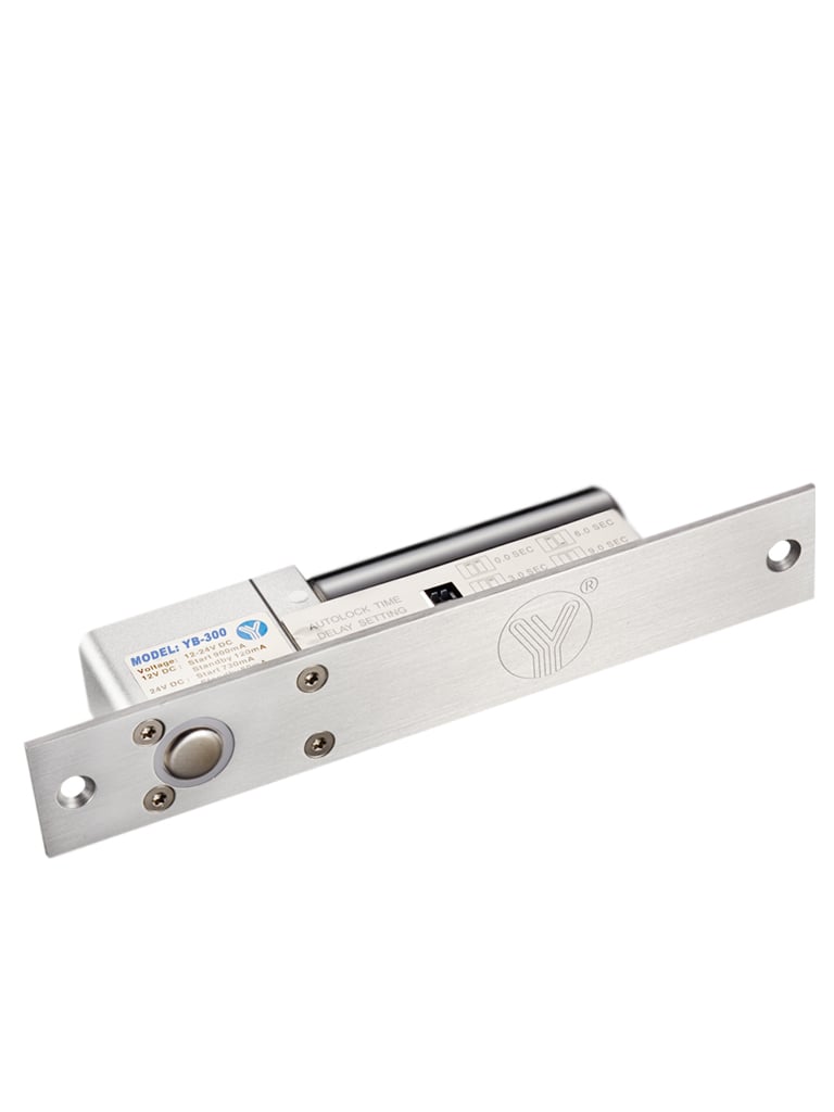 YLI YB300 - Cerradura Eléctrica de perno para Control de Acceso / Función NO  / Voltaje 12 y 24 VDC / Retardo 3,6 y 9 segundos / Fail Safe / Compatible con controles de acceso / Compatible Soporte de fijación BBK600