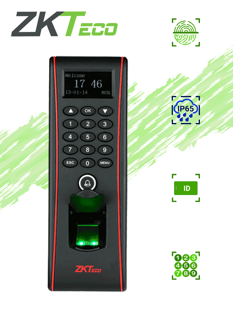 ZKTECO TF1700 - Control de Acceso Exterior de Huella, Tarjeta y Contraseña / Soporta 3000 Huellas / 10000 Tarjetas  RFID 125 khz / Almacena 30000 Registros / Conexión TCPIP / USB / Compatible con Software ZK Access 3.5
