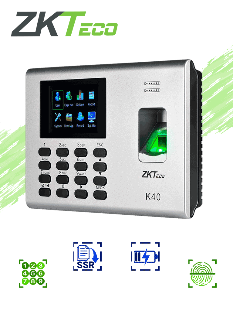ZKTECO K40 - Control de Asistencia y Acceso Basico con Huella Digital BioID (1000), Conexion TCP/IP, SSR (Reporte en Hoja de Calculo Mediante USB) y Bateria de Respaldo de 2 Horas