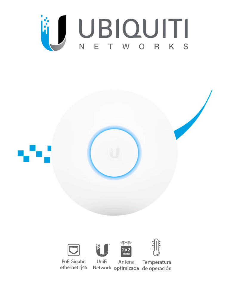 Access Point UniFi, doble banda 802.11ac, MIMO 2X2, soporta 100 clientes, hasta 867 Mbps, para interior, PoE 802.3af.