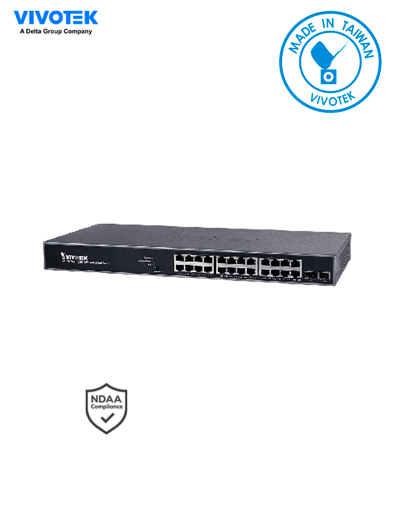 VIVOTEK AW-GEV-264B-370 - Switch PoE Administrable, 24 puertos PoE GE RJ45, 2 Puertos GE SFP, 30W por puerto, 370W Totales, VIVOCAM WEB Smart, 52Gbps, NDAA, Proteccion 6KV 