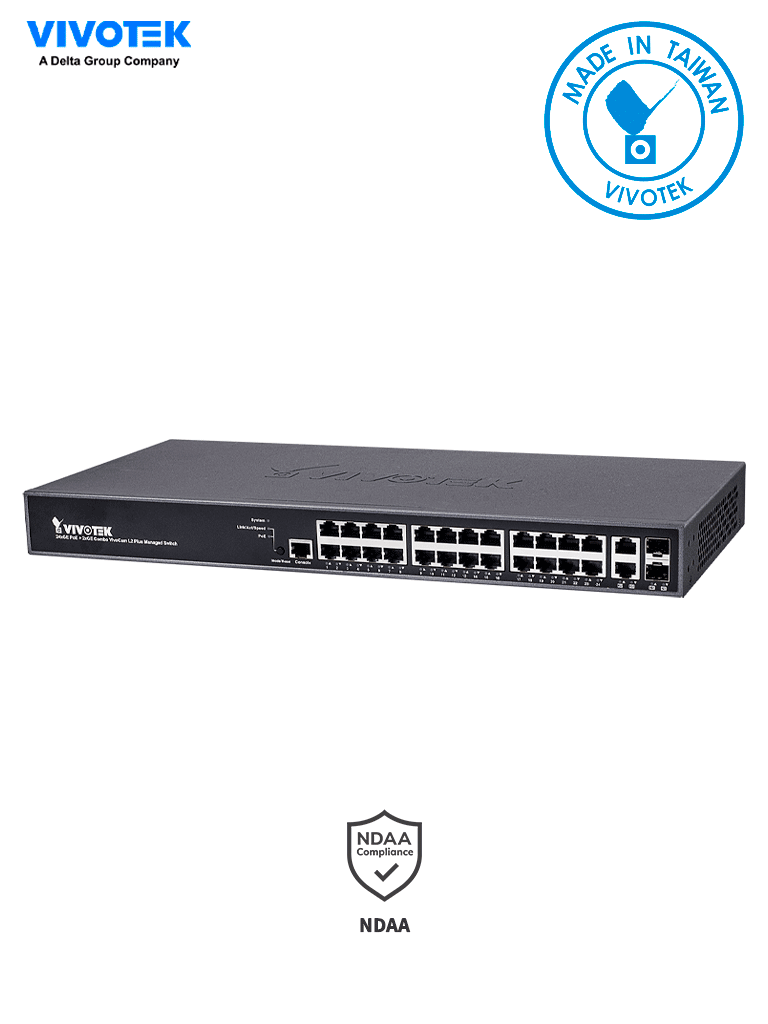 VIVOTEK AW-GEV-267A-370 - VIVOCAM Switch PoE Administrable L2+/ 24 puertos PoE GE RJ45/ 2 puertos Combo GE RJ45,SFP / 370W Totales/ 30W por puerto/ 52Gbps/ Gestión de Vigilancia IP