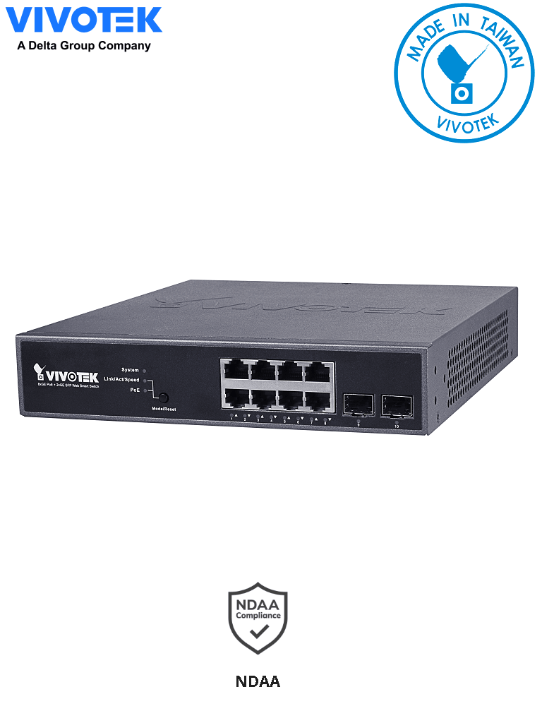VIVOTEK AW-GEV-104B-130 - Switch  Gigabit  PoE 8 puertos GE / 2 Puertos GE SFP / 130W Totales / WEB Smart / 30W Por puerto / VIVOCAM/ 