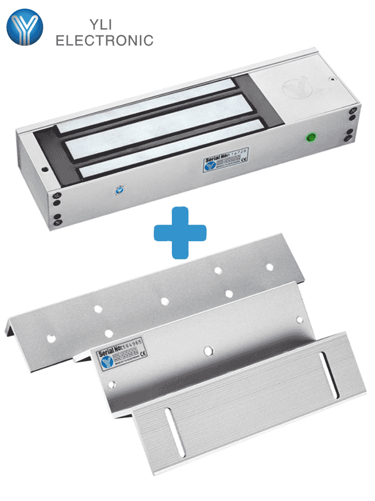 YLI YM750TPACK - Paquete de Cerradura Magnética YM750TLED con Soporte ZL MBK750ZL / Fuerza de Sujeción 750 Kg, 1500LB / Voltaje dual 12v/24VDC