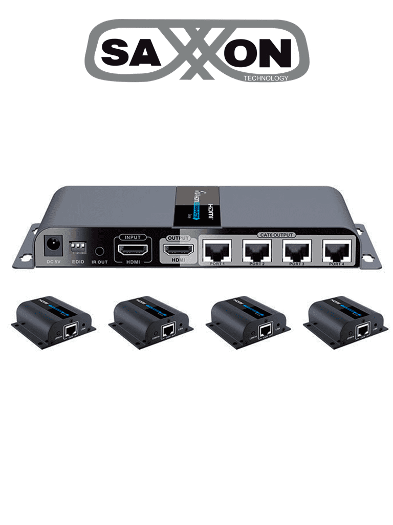 [TVT017009] SAXXON LKV714PRO- Kit Extensor HDMI de 4 Puertos/ Resolucion 1080p/ Hasta 40 metros/ Cat 6/ 6A/ 7/ Loop HDMI/ Transmisor IR/ Plug and play 