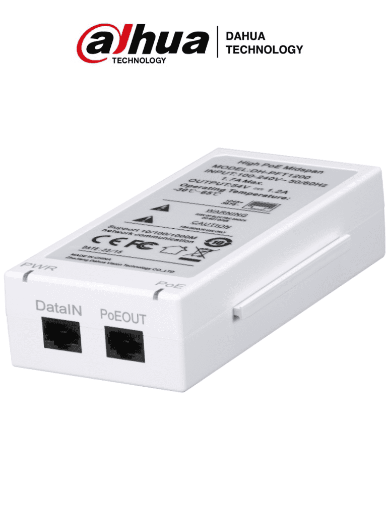 [DAI084002] DAHUA PFT1200 - Inyector Hi-Poe Midspan Gigabit/ Soporta PoE/PoE+/ Soporta Hi-PoE 60 Watts para PTZ/ Indicadores Led de Status/ Funciona con Extensor: PFT1300 para conexión en Cascada/ Instalación en Pared/ 