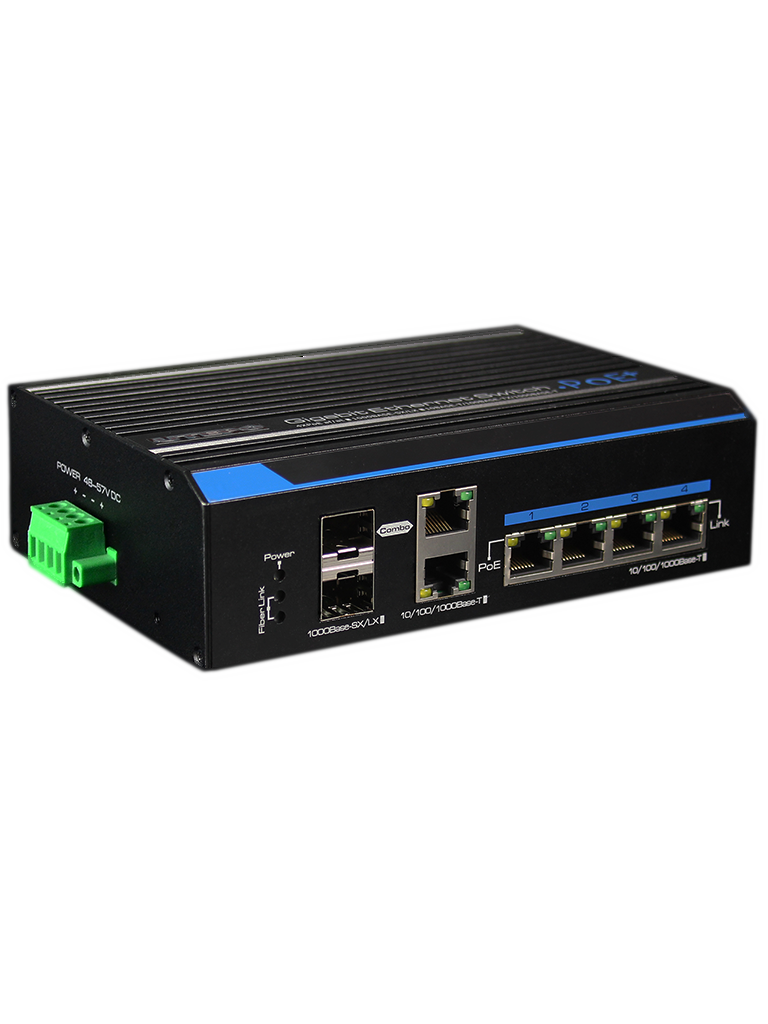 UTEPO UTP7204GEHPOE - Switch  Gigabit industrial high  PoE 4 puertos / 802.3 AF /  802.3at / 2 Puertos combo UPLINK  Gigabit / Hasta 60W por puerto / 120W Totales/ Din Riel 