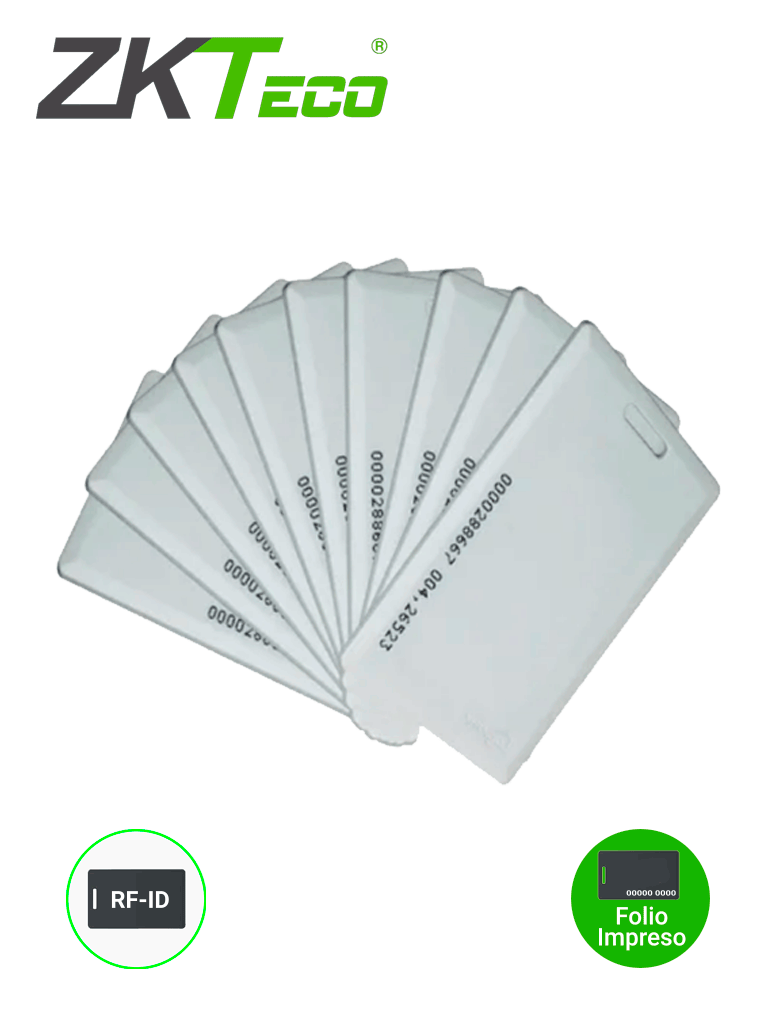 ZKTECO IDCARDKR2K - Paquete con 10 tarjetas compatibles con lectores RFID con frecuencia de 125 Khz / Tarjeta perforada de 1.88 mm de Grosor tipo clamshell para mayor alcance y más resistencia / Folio impreso 
