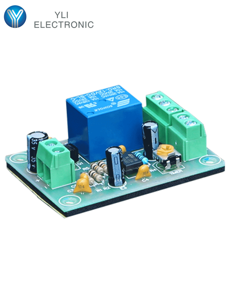 YLI PCB505 - Módulo de Relevador con Retardo de Tiempo ajustable / Salidas  NC y NO / Conexión de botón / Voltaje 12 VDC / 1 a 30 segundos