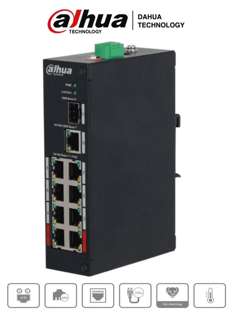 [DRD6100004] DAHUA PFS3110-8ET-96 - Switch PoE de 10 Puertos/ 8 Puertos PoE/ 1 Puerto SFP de 1000 Mbps/ 1 Puerto Puerto RJ45 10/100/1000/ 96 Watts Totales/  Soporta PoE Watchdog/ Switching 7.6 Gbps/ Tasa de Reenvio de Paquetes de 4.17 Mbps/ 