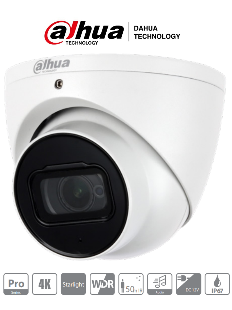 DAHUA HDW2802T-A - Camara Domo EyeBall 4K Starlight/ 8 Megapixeles/ Lente 2.8 mm/ IR de 50 Mts/ WDR Real 120 dB/ Microfono Integrado + 1 Canal de Audio/ IP67/ #ProHDCVI
