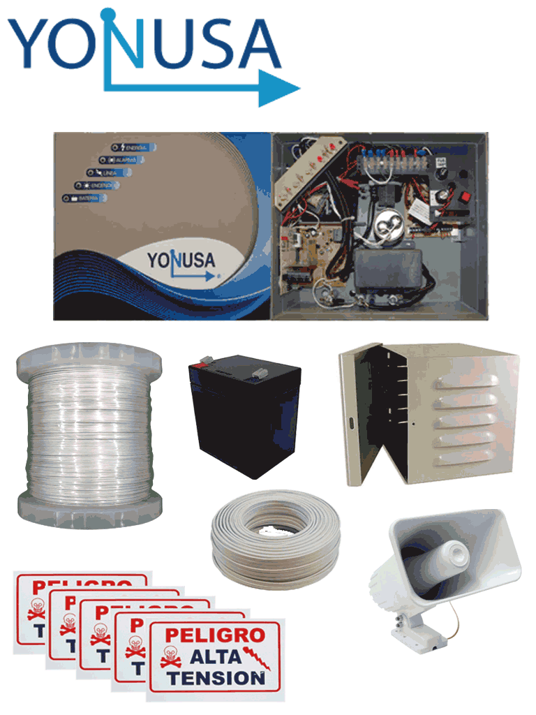 [YON1250003] YONUSA PACK127AF -Paquete de energizador de alta frecuencia con interface/ Sirena y gabinete metálico/ Bobina de alambre 500 mts/ Bobina cable bujía/ batería y 5 letrero