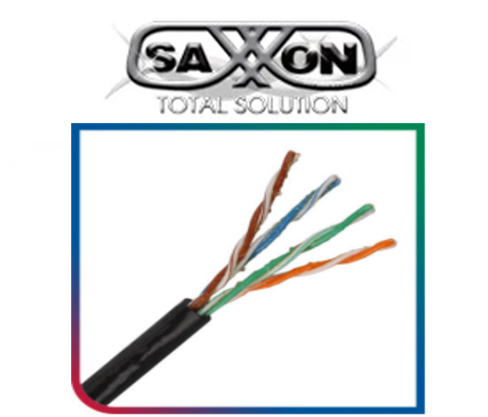 SAXXON OUTPCAT5EGCOPEXT - Bobina de Cable UTP Cat5e 100% Cobre con Gel/ 305 Metros/ Uso Exterior/ Color Negro/ Ideal para Cableado de Redes y Video/