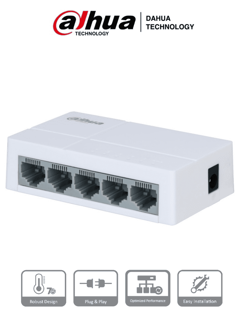 [DHT1860001] DAHUA PFS3005-5ET-L - Switch para Escritorio 5 Puertos/ Fast Ethernet 10/100/ Diseño Compacto/ Capa 2/ Switching 1 Gbps/ Velocidad de Reenvio de Paquetes 0.744 Mbps/