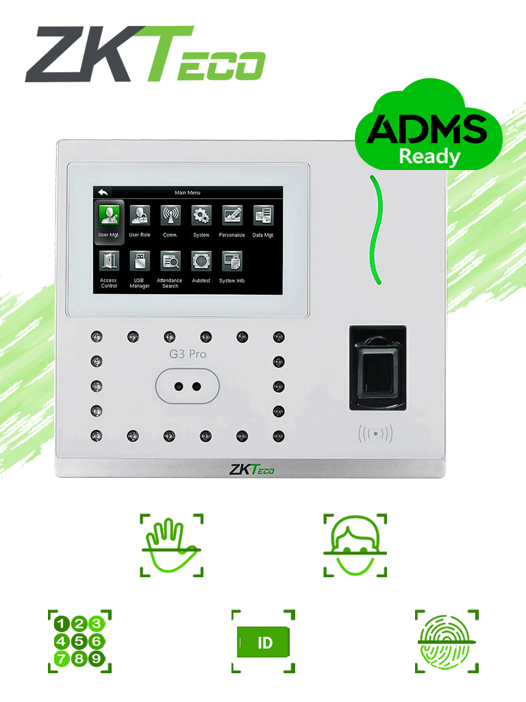 [ZKT0810009] ZKTECO G3PRO - Control de Acceso y Asistencia Facial y Palma / 12000 Rostros / 20000 Huellas BIO ID / 20000 Tarjetas  ID / 6000 Palmas / 200,000 eventos / Green Label #promasistencia