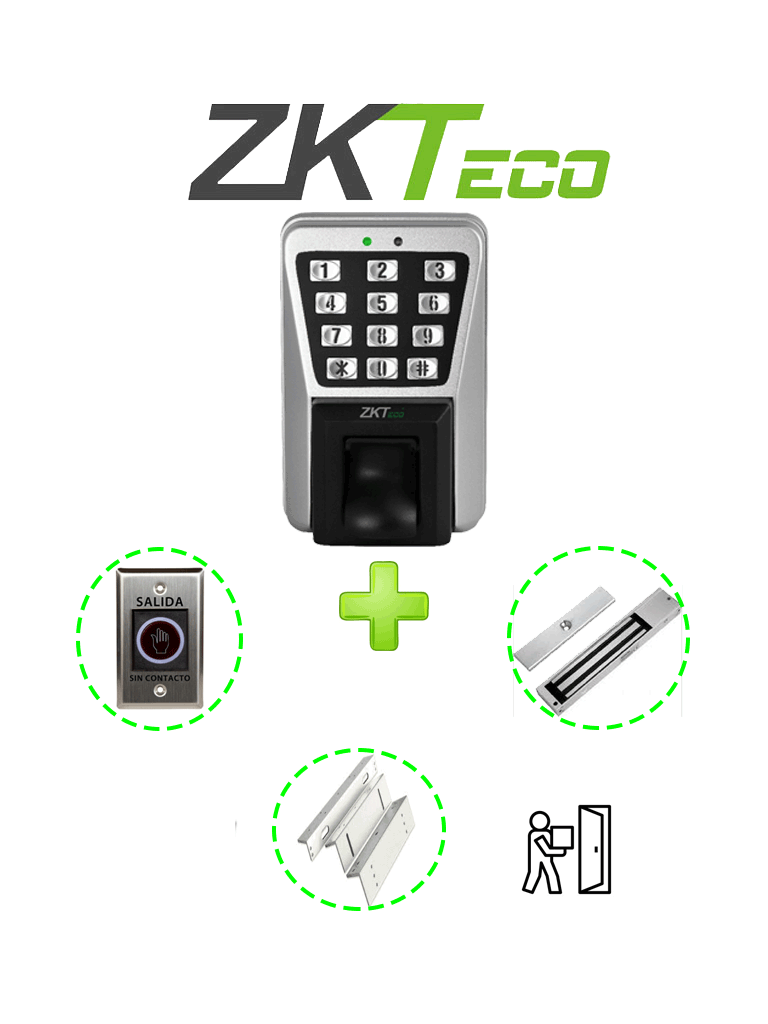 ZKTECO MA500PAK - Control de Acceso Profesional de Huella / Tarjeta y Password para Exterior con IP65 /  Incluye Contrachapa Magnética LM2805 de 200Kg / Soporte de Fijación ZL / Botón de Salida No Touch