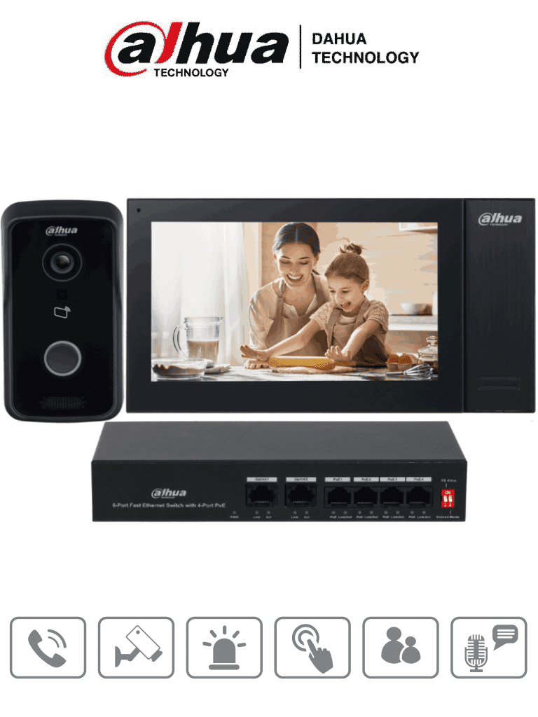 DAHUA KITKTP02 -V2 - Kit de Videoportero IP/ Monitor de 7 Pulgadas con Memoria Embebida de 8 GB/ 6&1 E&S de Alarma/ Frente de Calle IP65/ Apertura Remota/ Soporta Apertura Remota y con Tarjetas Mifare (IC Card)/ Switch de 4 Puertos PoE 10/100/ #LoNuevo