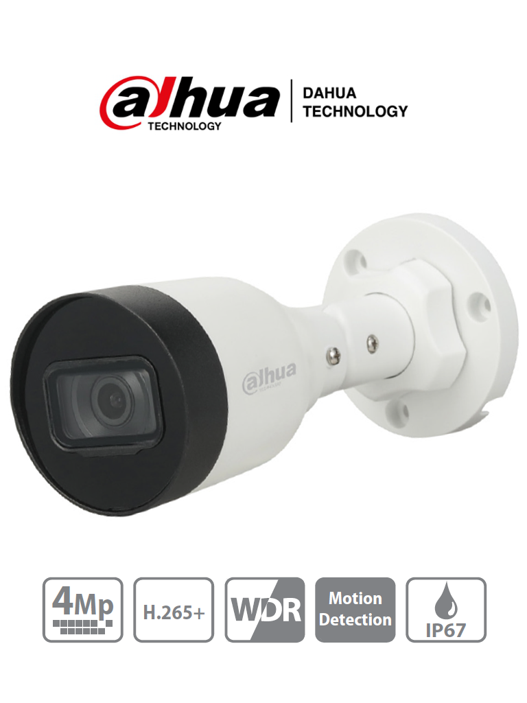 DAHUA IPC-HFW1431S1-S4 - Cámara IP Bullet de 4 Megapixeles/ H.265+/ Lente de 2.8mm/ 93 Grados de Apertura/ IR de 30 Metros/ 30 FPS/ WDR/ IP67/