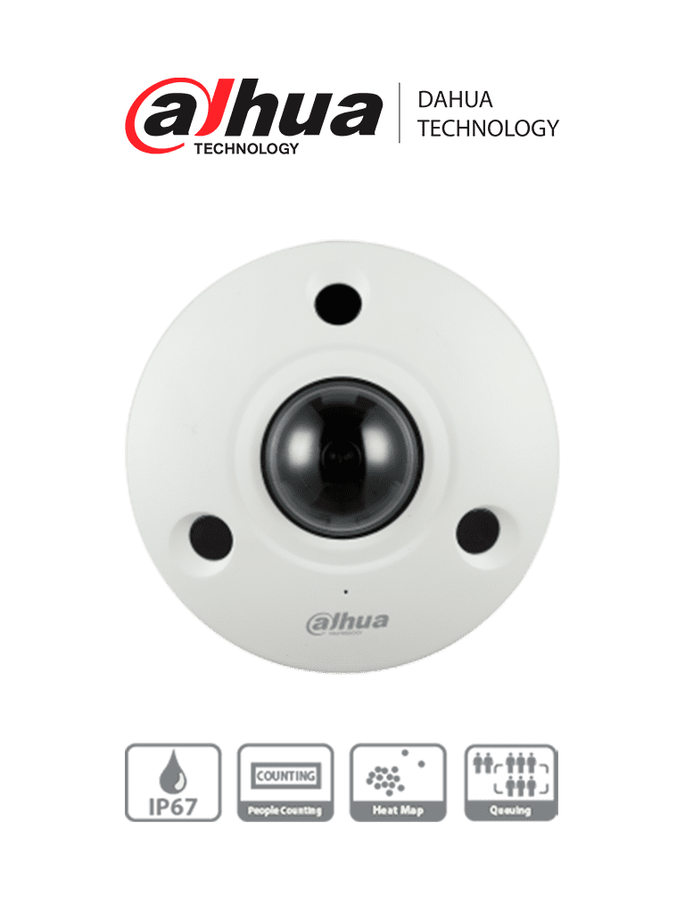 DAHUA IPC-EBW81242N - Cámara IP Fisheye Resolución de 12 MP/ Lente 1.85mm/ ∢ 360/ IR 10 mts/ IA WizMind/ Conteo de Personas/ Cantidad de Personas en Áreas/ Mapa de Calor/ PoE/ DWDR/ H.265/ IP67/ IK10/ E&S Alarma/ E&S Audio/  