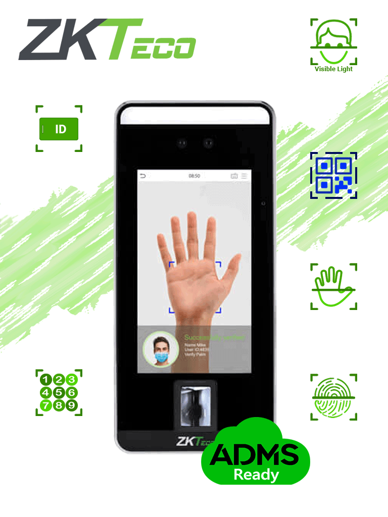  ZKTECO SPEEDFACEV5LP - Control de Acceso y Asistencia Facial Visible Light / 6000 Rostros / 3000 palmas / 6000 huellas / 10000 Tarjetas ID 125Khz / 200000 eventos / Verificación por código QR 