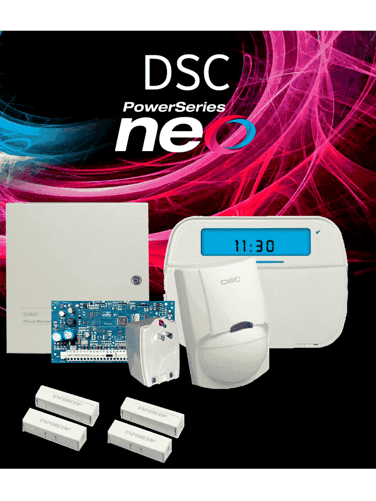 [DSC2480035] DSC NEO-ICON-SB - Paquete SERIE NEO con panel HS2032 de 8 zonas cableadas expandible a 32/Teclado de Iconos HS2ICN /Sensor PIR LC200s- PI Cableado/2 contactos blancos cableados/Transformador/Gabinete GTVCMX003/Sin Batería/#PLANDEBENEFICIOS #PKT