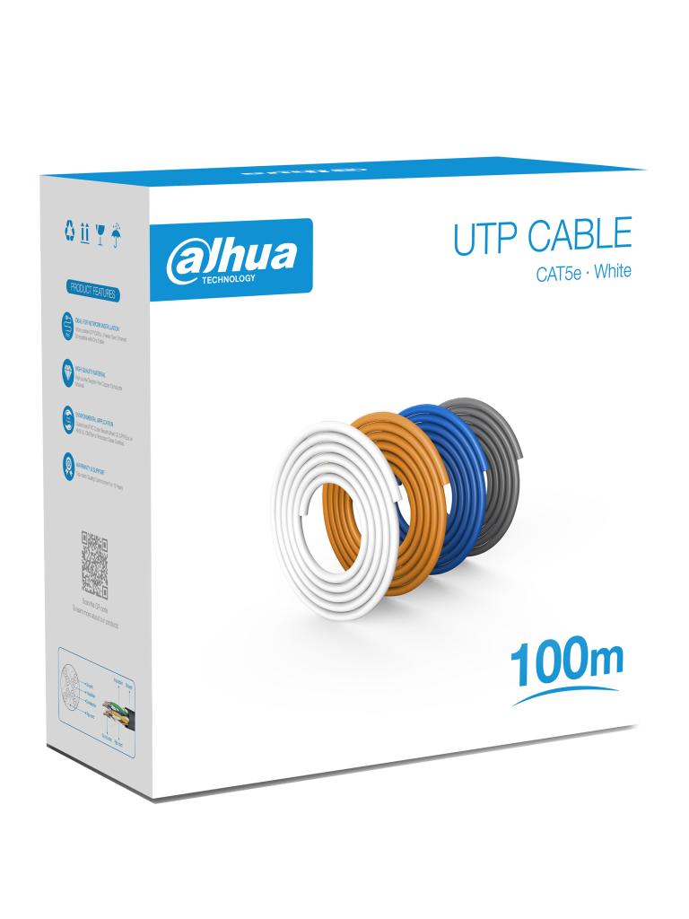 [DHT2640001] DAHUA PFM920I-5EU-U-100 - Bobina de 100 Mts de Cable UTP Cat5e/ 100% Cobre/ Color Blanco/ Cubierta Retardante de Flama con Certificacación ANSI/ UL CM/ Ideal para Video y Redes/ 