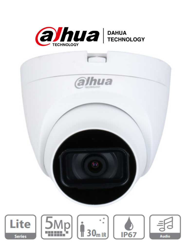 DAHUA HAC-HDW1500TLQN-A - Cámara Domo de 5 MP con micrófono integrado y lente de 2.8 mm. Ofrece iluminación IR hasta 30 metros, tecnología Starlight y es resistente al agua con clasificación IP67. Compatible con CVI, CVBS, AHD y TVI #HDCVI9.0 #5MP