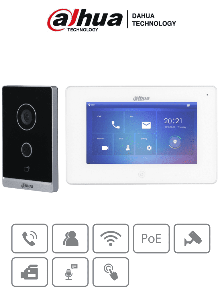 [DHT2220024] DAHUA KTW01 - Kit de Videoportero WiFi/ Monitor con Pantalla de 7"/ 6 Entradas de Alarmas/ 8 Zonas de Alarma Inalámbricas/ Ranura MicroSD/ Graba y Captura Imágenes/ Camara de 2MP con WDR Real e IR/ Controla 2 Puertas/ Apertura con Tarjeta/ 