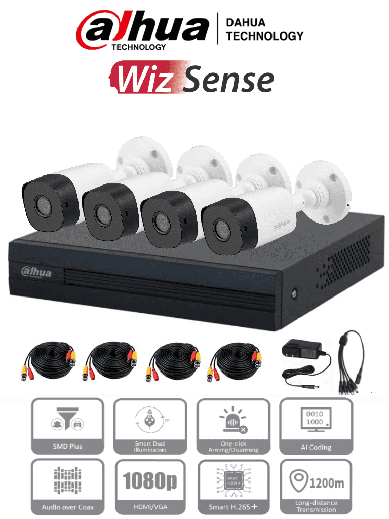 [DHT0250010] Kit de videovigilancia de 4 canales con cámaras de 2MP y DVR Cooper-I WizSense con IA y H.265+. Incluye 4 cámaras B1A21 1080p, 4 canales más 1 IP o hasta 5 canales IP, 4 canales SMD Plus, búsqueda avanzada de humanos y vehículos, y accesorios.