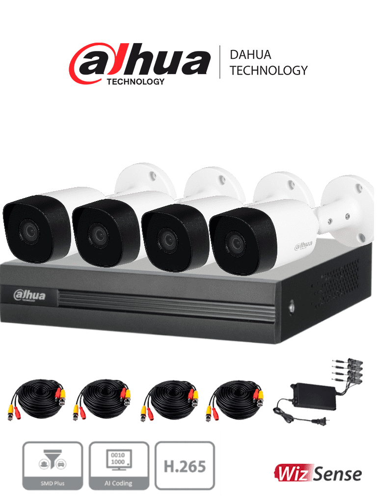 DAHUA KITXVR1B04H-I+4B2A51 - Kit de videovigilancia de 4 canales con cámaras de 5 MP y DVR Cooper-I WizSense con IA. Soporta H.265+, hasta 5 canales IP, búsqueda avanzada de humanos y vehículos, y 4 canales SMD Plus #HDCVI9.0 #5MP