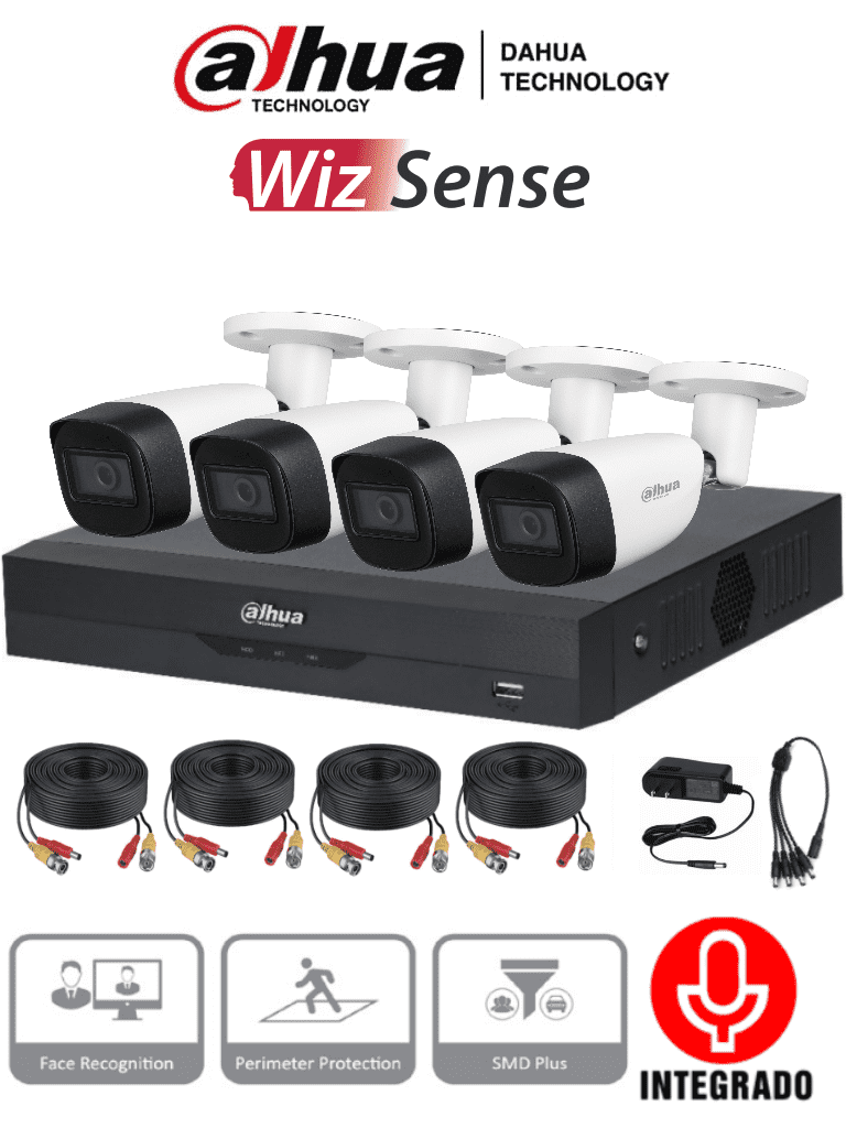 DAHUA KITXVR5104HS4KLI3+4HFW1500CMA- Kit de 4 Canales de 5 Mp con Audio/ DVR WizSense con Reconocimiento de Rostros/ H.265+/ 4 Camaras Metalicas/ 4 Ch + 4 IP o Hasta 8 Ch IP/ 4 Ch SMD Plus/ Busqueda de Humanos y Vehiculos/ Accesorios Incluidos/