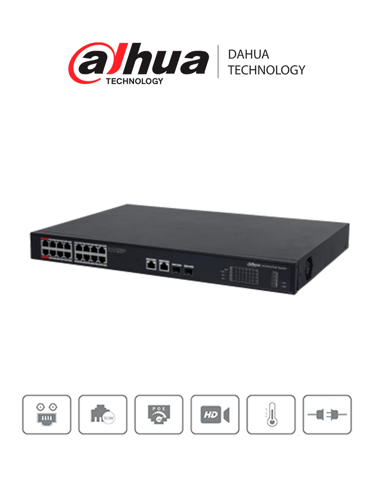 DAHUA PFS3220-16GT-190 - Switch Poe de 16 Puertos Gigabit/ Poe Inteligente/ Puerto Rojo de 90W/ 190 Watts Totales/ 2 Puertos SFP Opticos/ Protocolos Poe:IEEE802.3af, IEEE802.3at, Hi-PoE, IEEE802.3bt/ Switching 52 Gbps/ Protección de Descargas/  