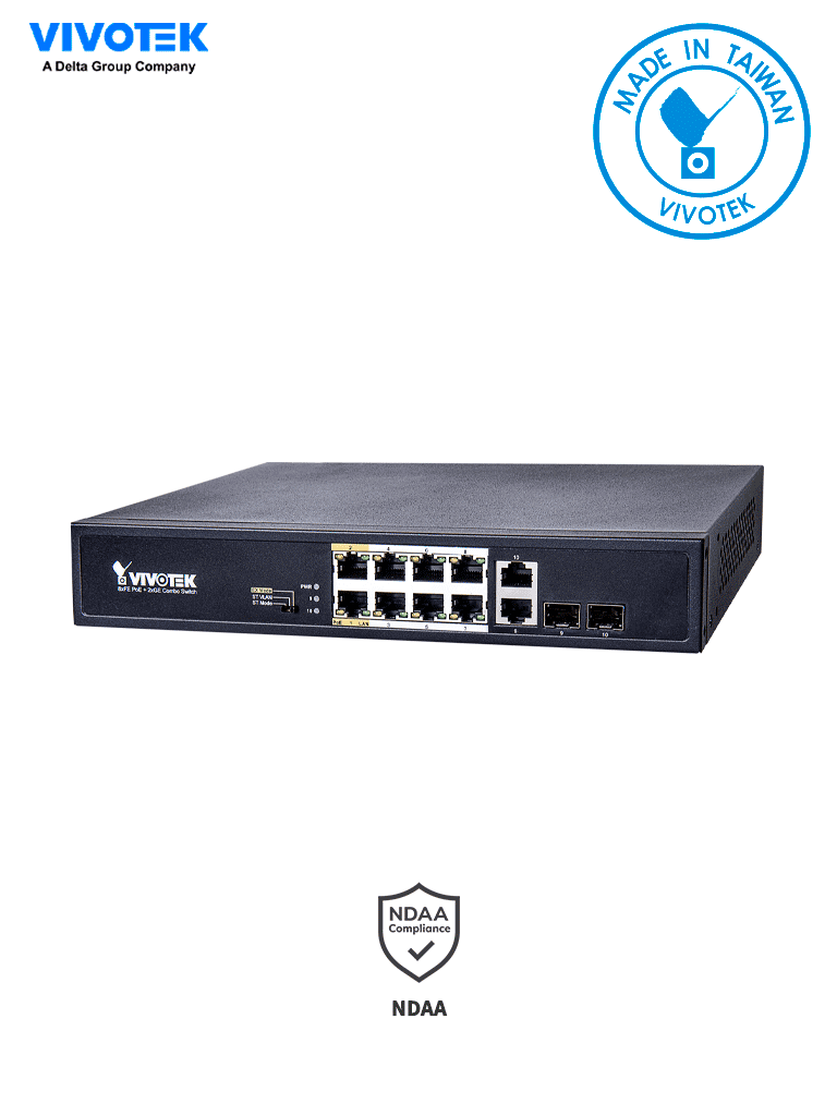 VIVOTEK AW-FGT-100D-120 - Switch PoE no administrable/ 8 puertos PoE FE RJ45/ 2 puertos Combo GE RJ45,SFP/ 115W totales/ 30W por puerto/ 2 puertos Modo Extendido hasta 250mts/ Protección 6KV/ 5.6Gbps