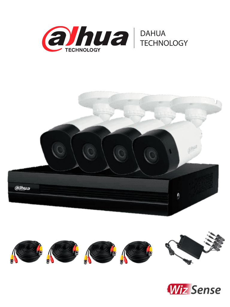 DAHUA KITXVR1B08-I-2MP4CP - Kit de 8 Canales 2 Megapixeles/ con 4 Camaras/ DVR Cooper-I WizSense/ Con IA/ H.265+/ 4 Camaras B1A21 1080p/ 8 Canales+2 IP o Hasta 10 Canales IP/ 4 Ch SMD Plus/ Busqueda de Humanos y Vehiculos/
