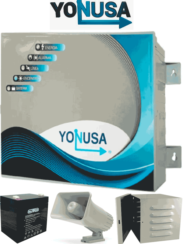 YONUSA EY10000127AFBAT - Paquete de energizador anti plantas o alta frecuencia de 10,00V con hasta 10,000 mts lineales, incluye batería de respaldo de 12VDC a 4.5 AH, sirena de 30W y gabinete metálico 