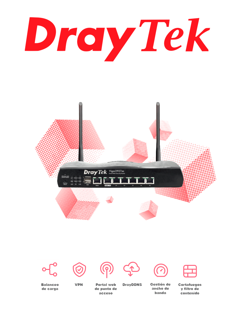 [DRY1790002] DRAYTEK VIGOR2927AC- Ruteador Inalambrico Multi WAN/ 1 Puertos WAN GE RJ45/ 1 Puerto intercambiable LAN & WAN/ 5 Puertos LAN GE/ 50 VPN/ 2 Puertos  USB/ WiFi AC Hasta 1733 Mbps 