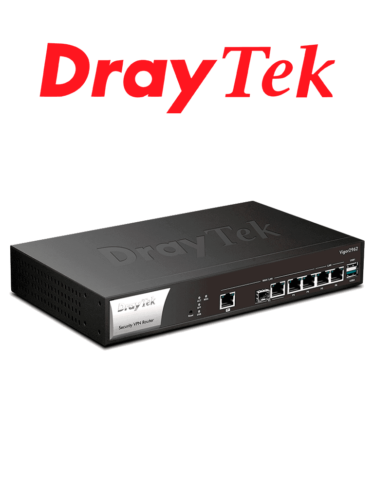 [DRY1780004] DrayTek VIGOR2962- Ruteador Multi-WAN Balanceador de cargas/ Ideal para PyMEs/ Hasta 200 túneles VPN/ 1 Puerto WAN 2.5GB/ 1 Puerto combo SFP & RJ45 WAN/ 2 Puertos intercambiables LAN & WAN GE/ 2 Puertos fijos LAN RJ45 GE/ Filtrado de contenido WEB
