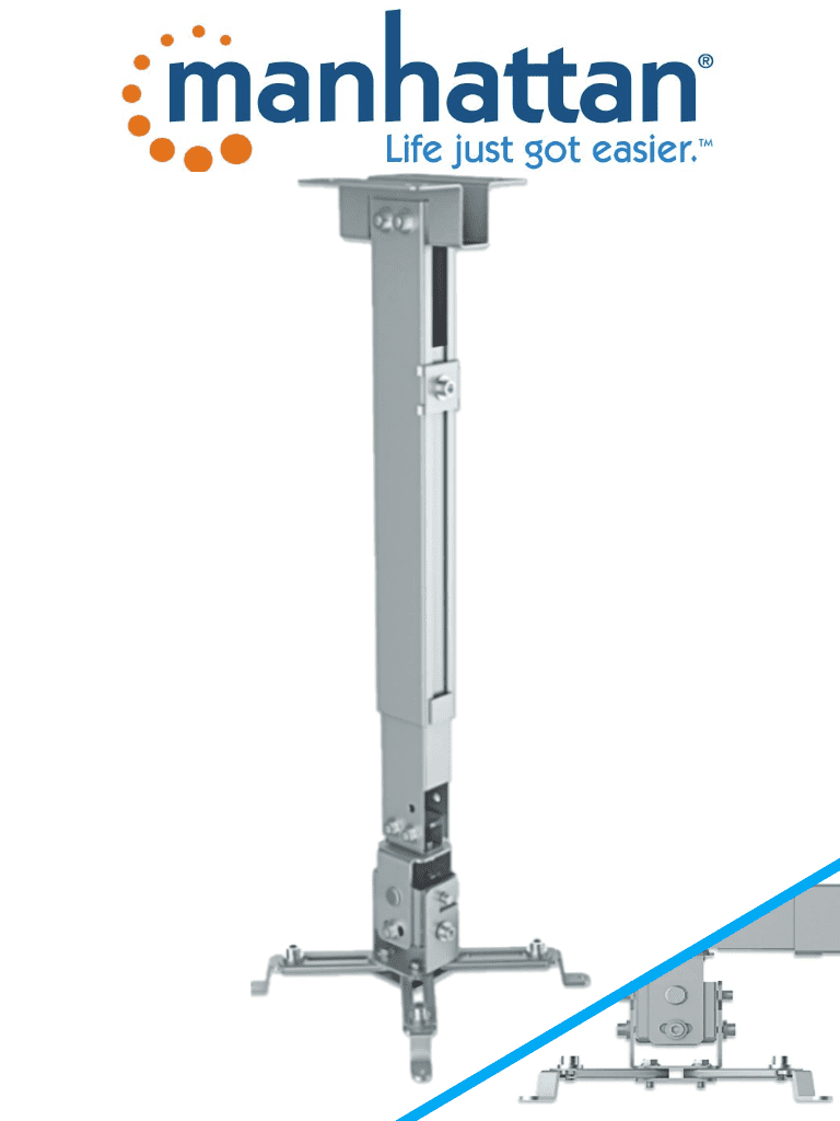 MANHATTAN 461191 - Soporte de Proyector para Montaje en Techo o Pared/ 20 Kg de Carga/ Altura Ajustable/ Inclinación y Rotación Ajustable/ Movimiento Articulado/ Color Plata/ Diseño Multipropositos/ 