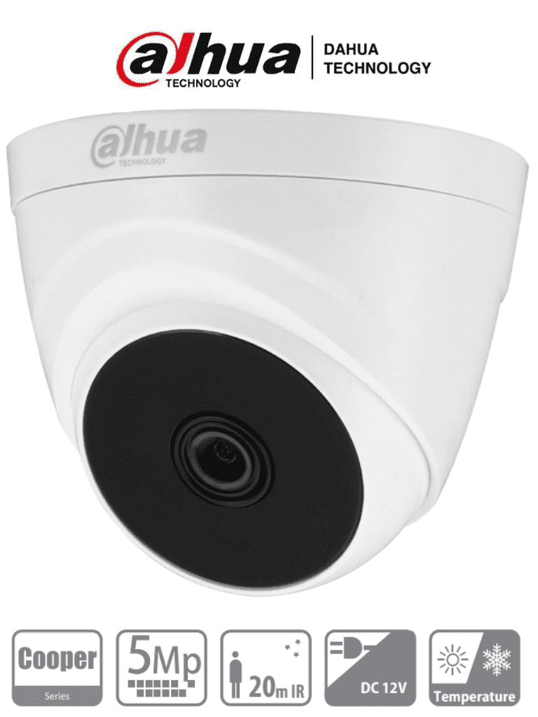 DAHUA HAC-T1A51N-0280B-S2 - Cámara Domo de 5MP con lente de 2.8mm y ángulo de 106°. Ofrece visión nocturna IR hasta 20m, ideal para interiores. Compatible con HDCVI, AHD, TVI y CVBS #HDCVI9.0 #5MP