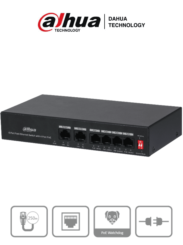 DAHUA PFS3006-4ET-36 - Switch PoE de 6 Puertos Fast Ethernet/4 Puertos PoE 10/100/ 2 Puertos uplink 10/100/ 36 Watts Totales/ Switching 1.2 Gbps/ Tasa de Reenvio de Paquetes .89 Mbps/ con Protección de Descargas #SwitchD1