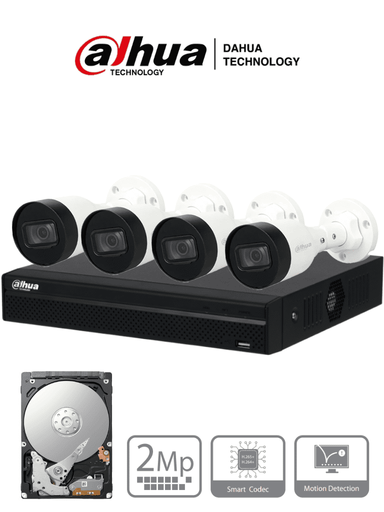 [DHT0250018] DAHUA KITNVR1104HS-P+4C1TB- Kit IP de 4 canales con NVR con 4 puertos PoE, 1TB de almacenamiento, y 4 cámaras bullet de 2MP con IR de 30 metros y clasificación IP67 para exteriores. Ideal para una vigilancia eficiente y robusta. #KitDahua
