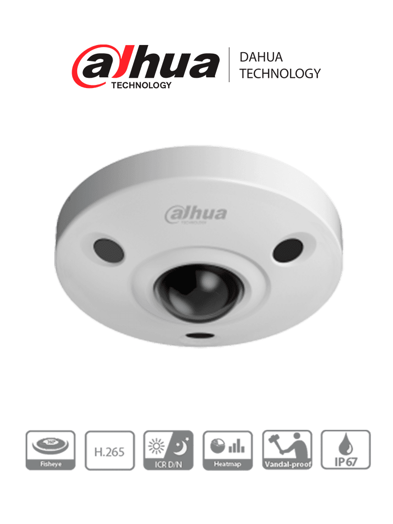 DAHUA IPC-EBW8630N - Cámara IP Fisheye Resolución de 6 MP/ Lente 1.7mm/ ∢ 360/ IR 10 mts/ IA WizMind/ Mapa de Calor/ PoE/ DWDR/ H.265/ IP67/ IK10/ E&S Alarma/ E&S Audio
