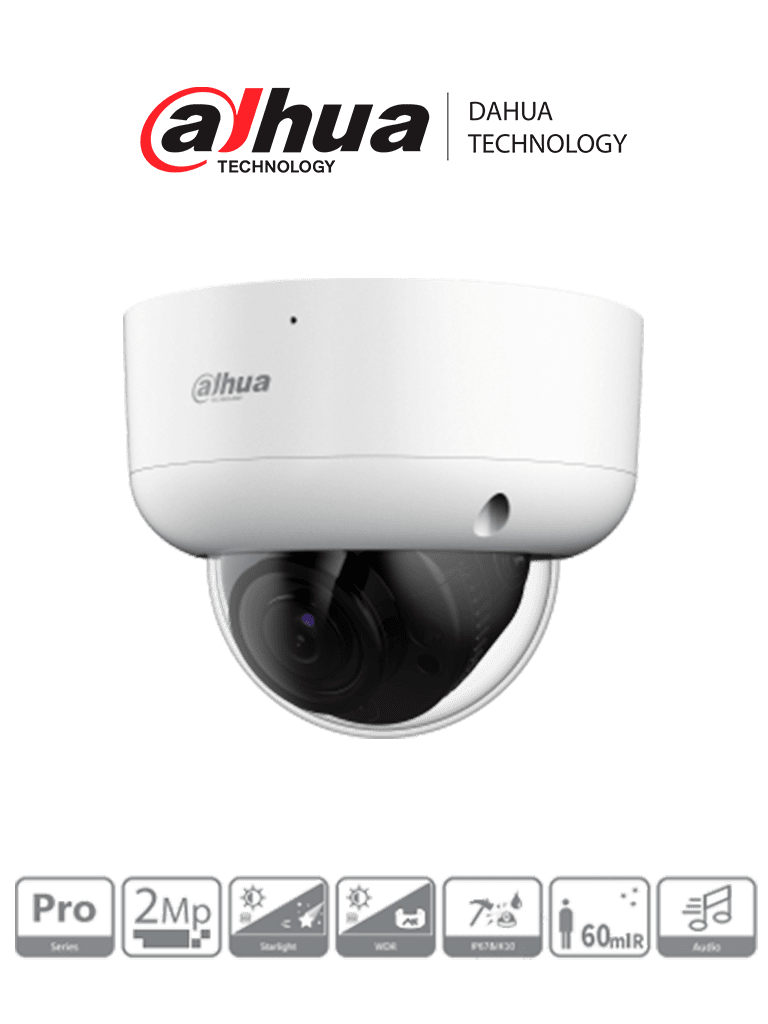 DAHUA  DH-HAC-HDBW2241RAN-Z-A - Cámara Domo de 2 Megapixeles Antivandalica/ Lente Motorizado de 2.7 a 13.5/ Super Adapt/ 60 Metros de IR/ Serie Pro/ WDR Real de 130 dB/ Microfono Integrado/ IP67/ Ik10