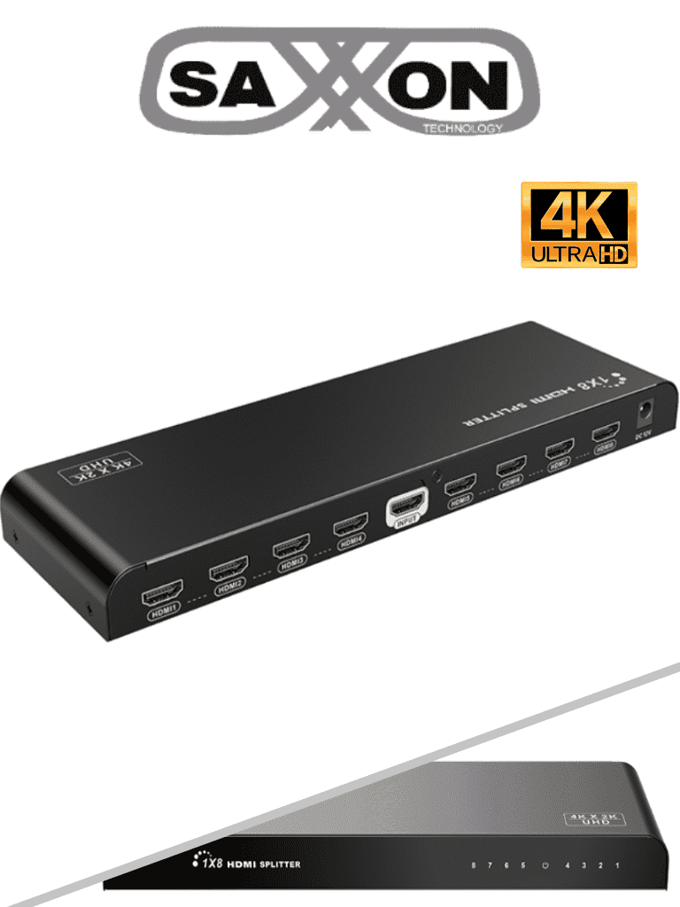 [SXN0560003] SAXXON LKV318HDR-V2.0 - Divisor de Video HDMI  de 1 Entrada y 8 Salidas/ Soporta Resolución Ultra HD 4K&2K @30 Hz/ Distancia  de 10 Metros en Entrada y Salida/ Switch EDID/ 