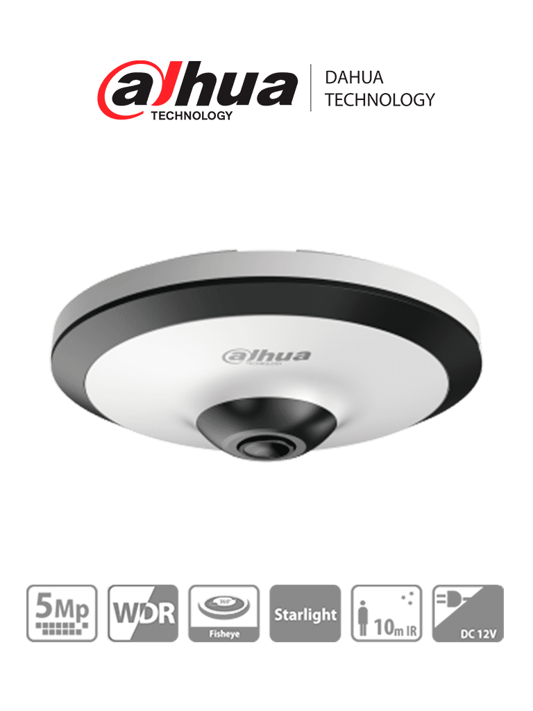 [DHT0300037] DH-HAC-EW2501N - Cámara Fisheye HDCVI 5 MP, visión 360°, IR 10 m, WDR real 120dB, micrófono integrado. Ideal para uso interior con tecnología Starlight para baja luz y reducción de ruido 2D/3D. Ofrece vigilancia detallada y nítida en todas condiciones.